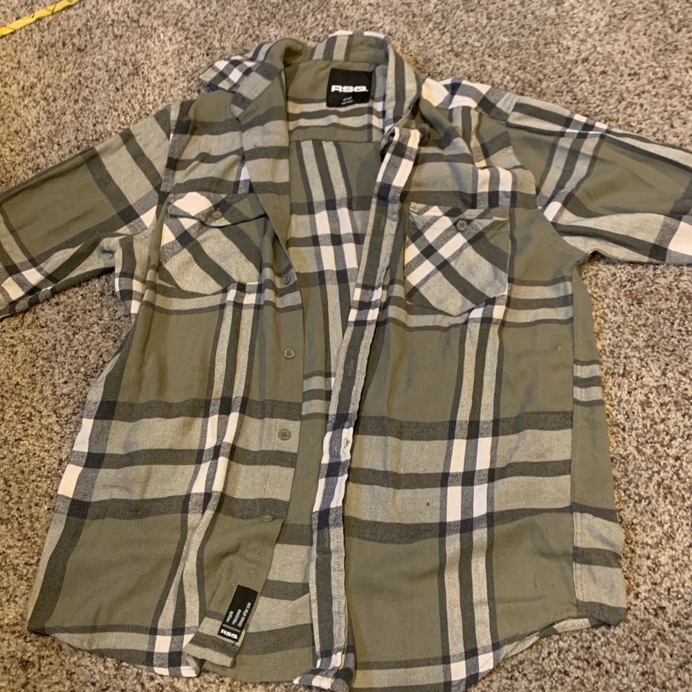 Olive Green Plaid Casual Button Down Shirt Short Sleeves